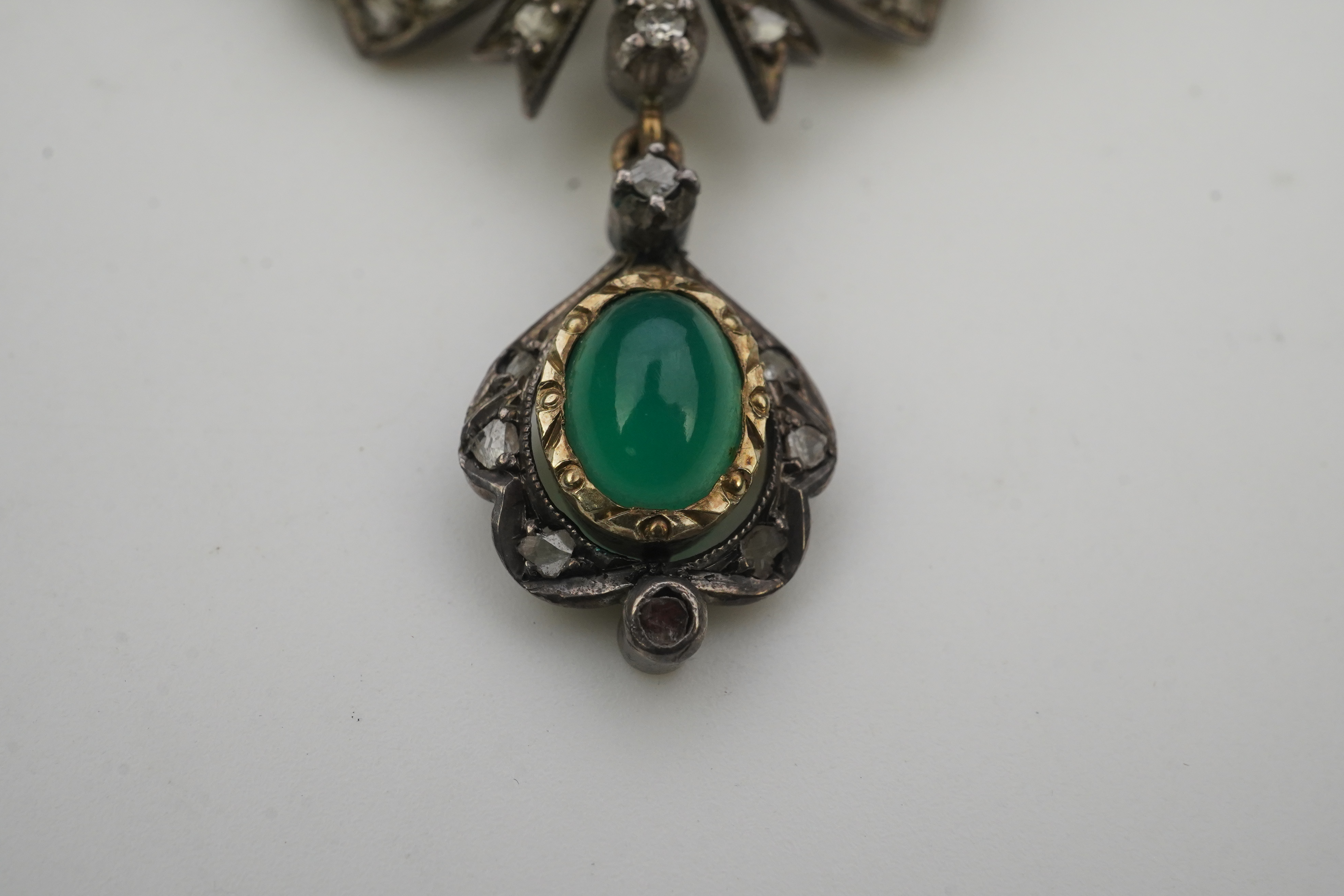 A green chalcedony and diamond brooch, mid 20th century